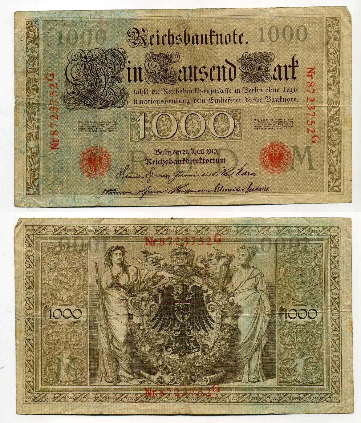 Германия 1000 марок 1910 красная печать, 7 значный номер Pick 44 b  бумага   8610-32-1-2