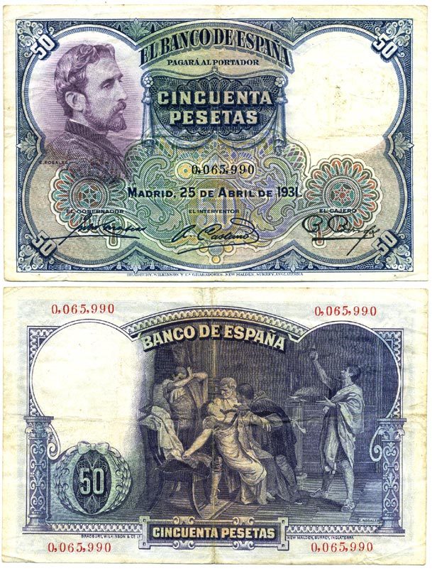 ИСПАНИЯ 50 ПЕСЕТ 1931 МАДРИД, 25 АПРЕЛЯ 1931, ЭДУАРДО РОЗАЛЕС (1836-1873) Pick 82 бумага 7484-23-1