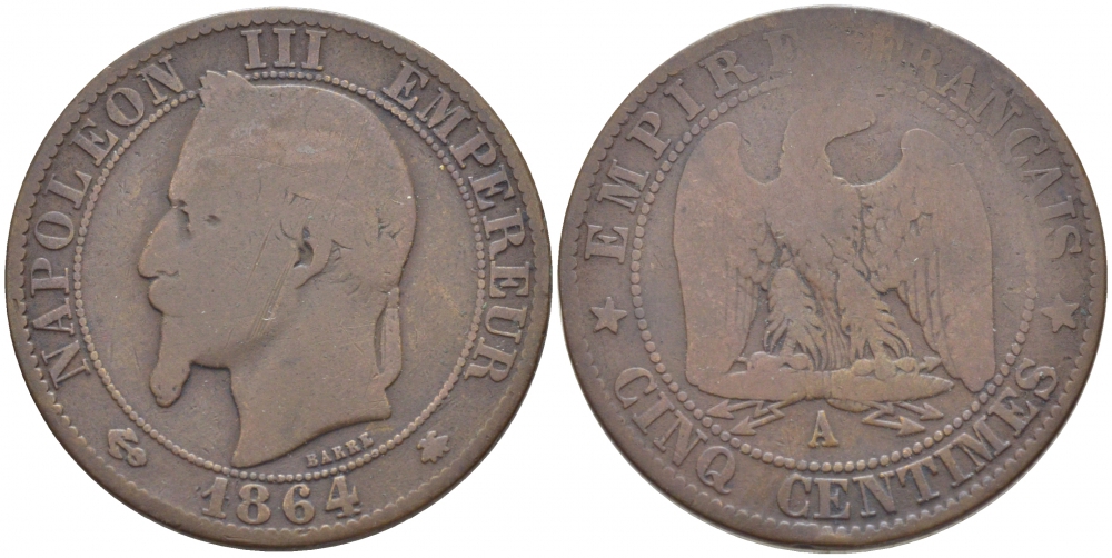 ФРАНЦИЯ 5 САНТИМОВ 1864 A, НАПОЛЕОН III (1852-1870) KM 797.1, LE FRANC 117.11 бронза 4448-132