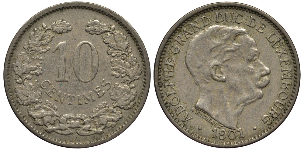 ЛЮКСЕМБУРГ 10 САНТИМОВ 1901 ВЕЛИКИЙ ГЕРЦОГ АДОЛЬФ (1890-1905) КМ 25 медно-никель 4538-721