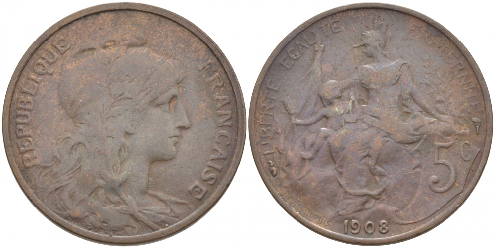 ФРАНЦИЯ 5 САНТИМОВ 1908 ТИП ДАНИЭЛЬ ДЮПЮИ KM 842, LE FRANC 119.19 бронза 4448-155
