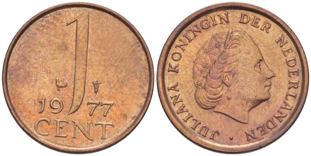 НИДЕРЛАНДЫ 1 ЦЕНТ 1977 КОРОЛЕВА ЮЛИАНА KM 180 бронза 3955-142