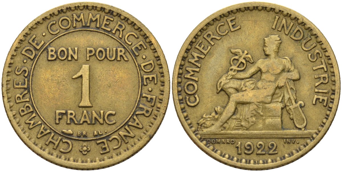 Франция 1 франк 1922 KM 876, Le Franc 218.5 алюминиевая бронза 4142-643