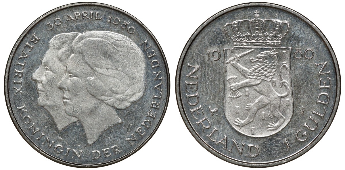 Нидерланды 1 гульден 1980 на коронацию Беатрикс, 30 апреля 1980 KM 200 никель 72-1527