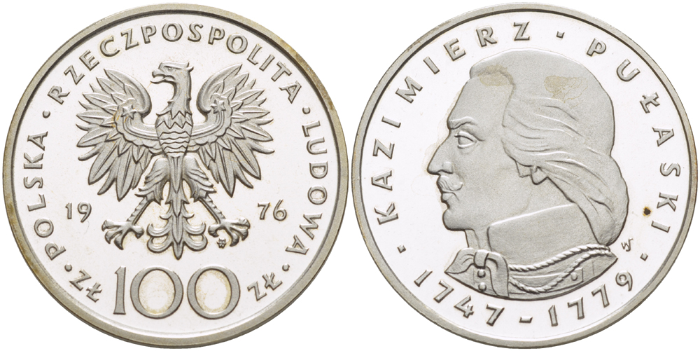 Польша 100 злотых 1976 MW, Казимир Пулавский (1747-1779) KM 84, Parchimowicz 275 серебро PROOF 1084-10-73
