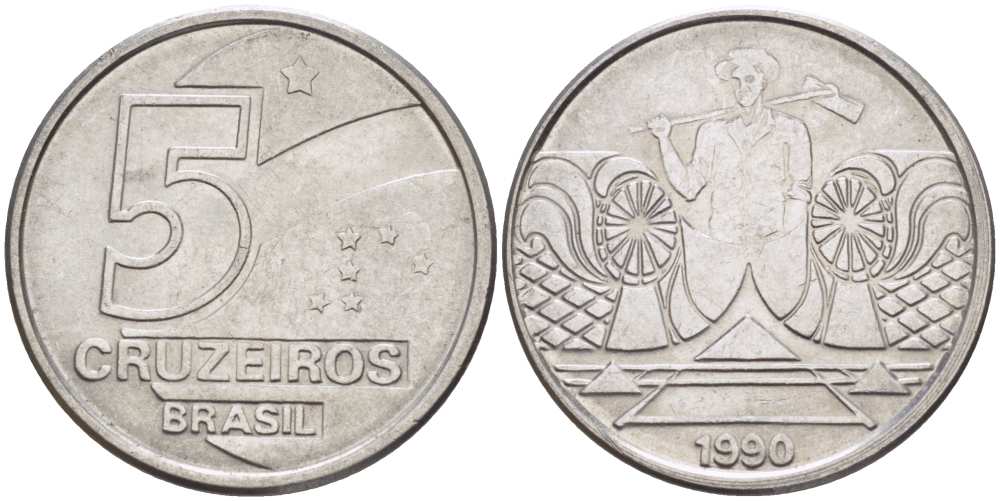 Бразилия 5 крузейро 1990 фермер KM 618.1 нержавеющая сталь 3457-851