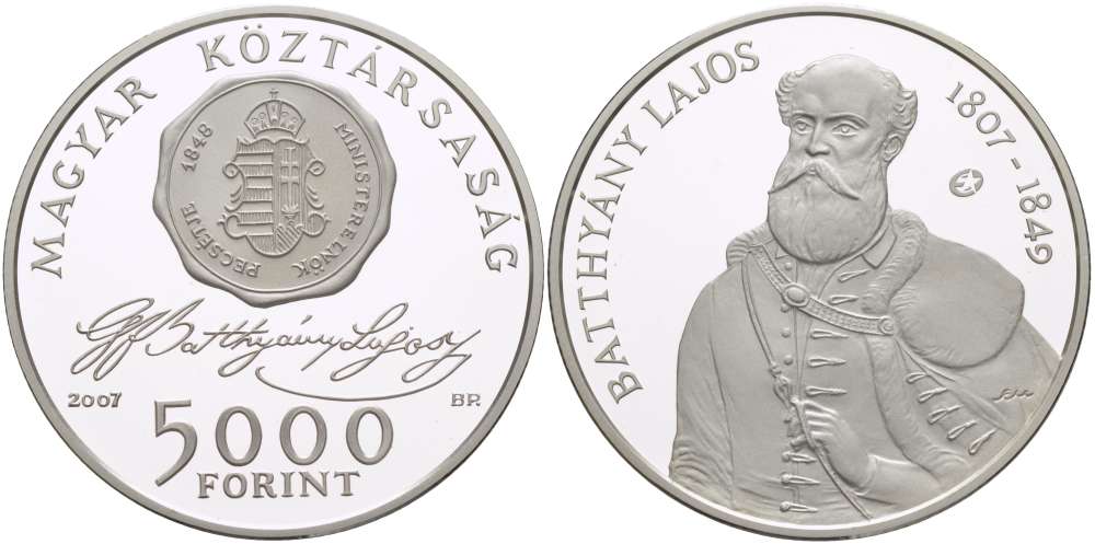 Венгрия 5000 форинтов 2007 200 лет со дня рождения Лайоша Баттьяни KM 799 серебро  PROOF  02-087-15
