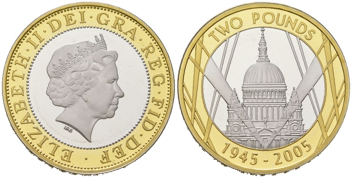 Великобритания 2 фунта 2005 Елизавета II (1952-2022), 60 лет окончанию Второй Мировой войны KM?1056a, Spink?K19 биметалл PROOF 1531-1134