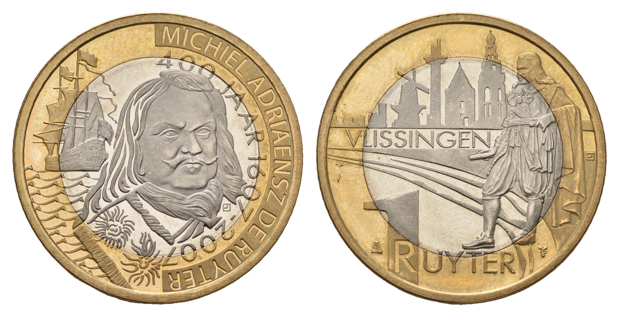 Нидерланды 1 рюйтер 2007 400 лет со дня рождения Михил де Рёйтер (адмирал, командовавший нидерландским флотом в Англо-голландских войнах XVII века) биметалл UNC 4678-613