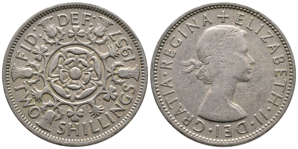Великобритания 2 шиллинга (флорин) 1957 Елизавета II (1952-2022) KM 906, Spink 4146 медно-никель 59-1615