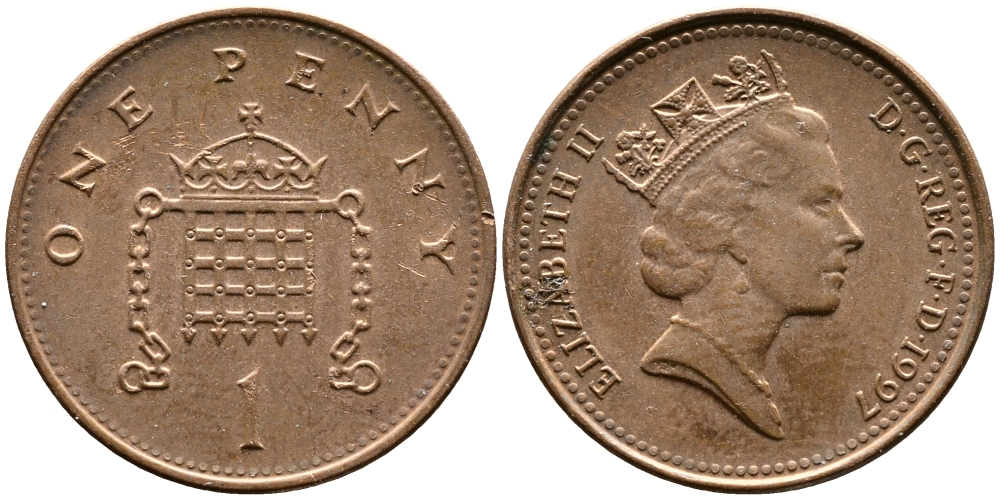 Великобритания 1 пенни 1997 Елизавета II (1952-2022) KM 935a, Spink 4391 (B4) сталь плакированная медью 4387-658