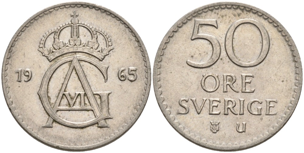 Швеция 50 эре 1965 U, Густав VI Адольф (1950-1973) KM 837 медно-никель 4379-1114