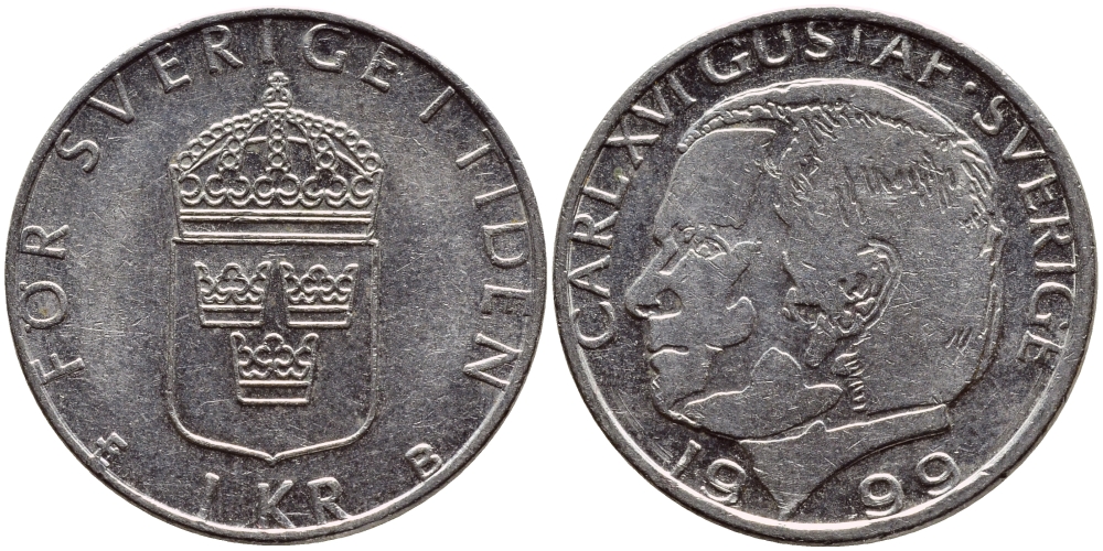 Швеция 1 крона 1999 Карл XVI Густав (1973- ) KM 852a медно-никель 89-1742