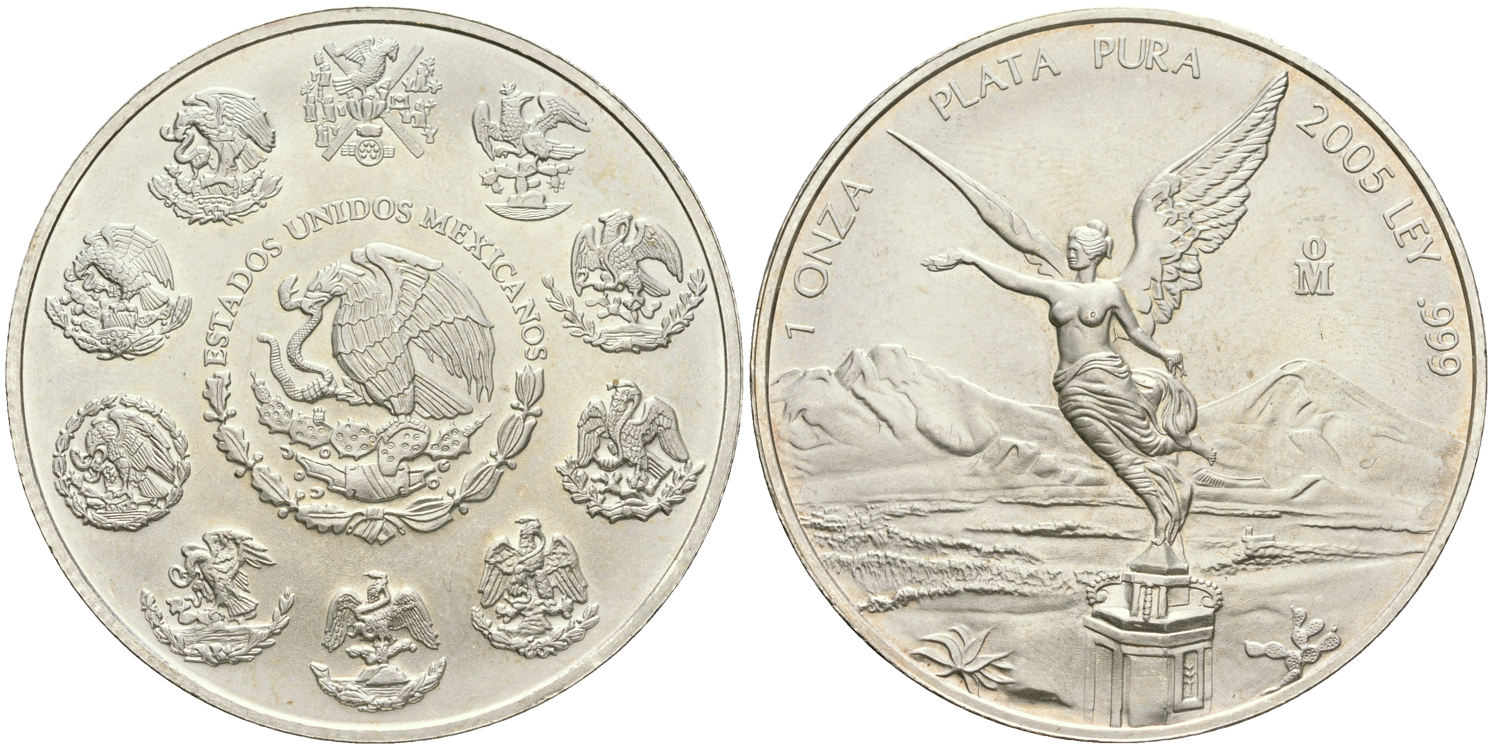 Мексика 1 онза 2005 Mo, серебряная инвестиционная монета "Свобода" KM 639 серебро    1080-10-24