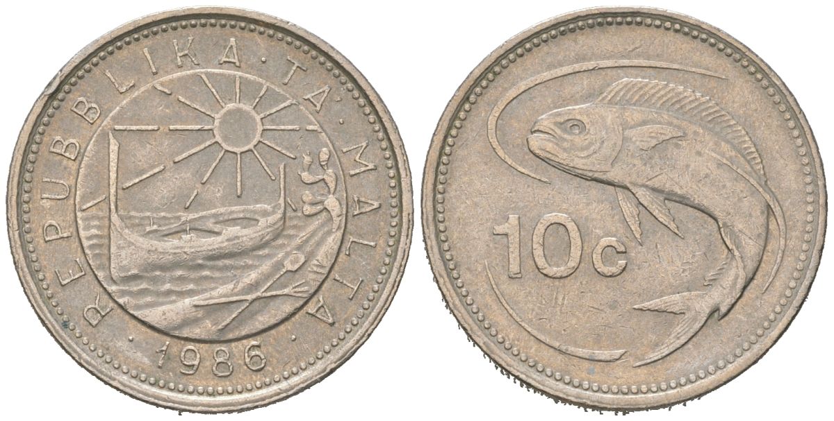 Мальта 10 центов 1986 золотая макрель KM 76 медно-никель 192-1241