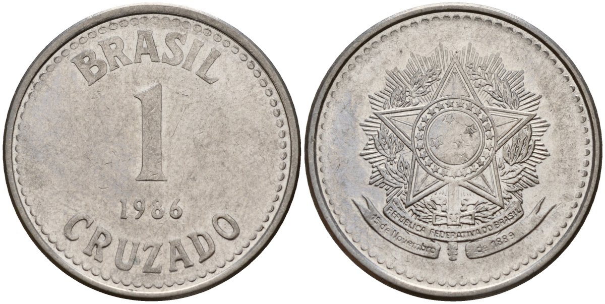 Бразилия 1 крузадо 1986 KM 605 нержавеющая сталь 4159-636