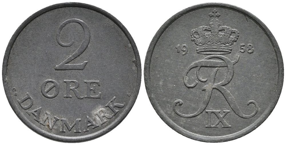 ДАНИЯ 2 ЭРЕ 1958 C; S, ФРЕДЕРИК IX (1947-1972) KM 840.2 цинк 67-154
