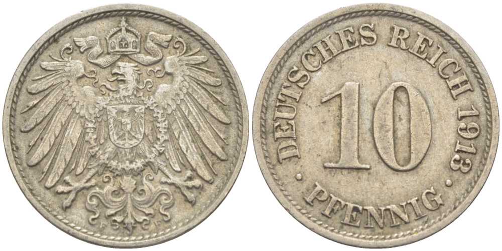 ГЕРМАНИЯ 10 ПФЕННИГОВ 1913 F KM 12, J. 13 медно-никель 210-714