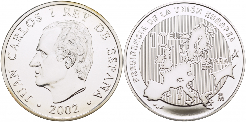 Испания 10 евро 2002 Председательство Испании в Евросоюзе, карта KM 1048 серебро PROOF 11-162-33