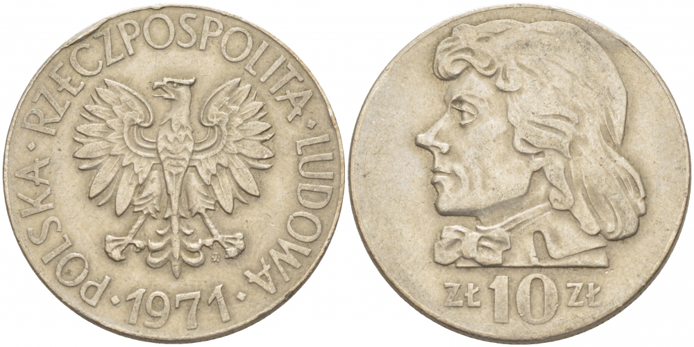 ПОЛЬША 10 ЗЛОТЫХ 1971 MW, ТАДЕУШ КОСТЮШКО KM 50a медно-никель 4403-622