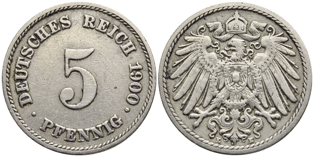 ГЕРМАНИЯ 5 ПФЕННИГОВ 1900 E KM 11, Jager 12, Weege 6 медно-никель 4547-412