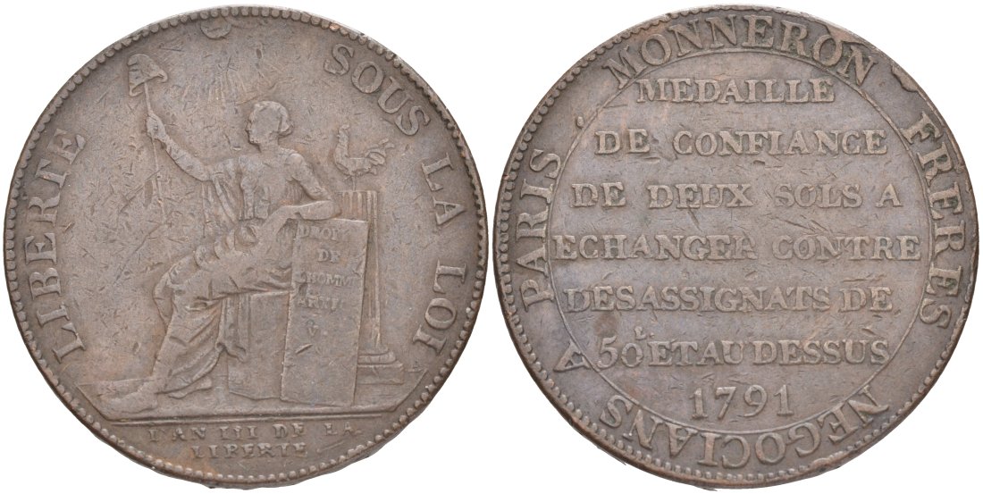 Франция 2 соля (су) 1791 LAN III, революции, токен, MONNERON FRERES NEGOCIANS A PARIS (Торговцы братья Моннерон. Париж) KM Tn23, Guilloteau 233 бронза 189-515