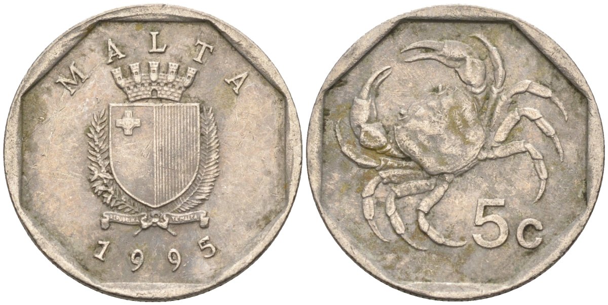 Мальта 5 центов 1993 краб KM 95 медно-никель 4588-134