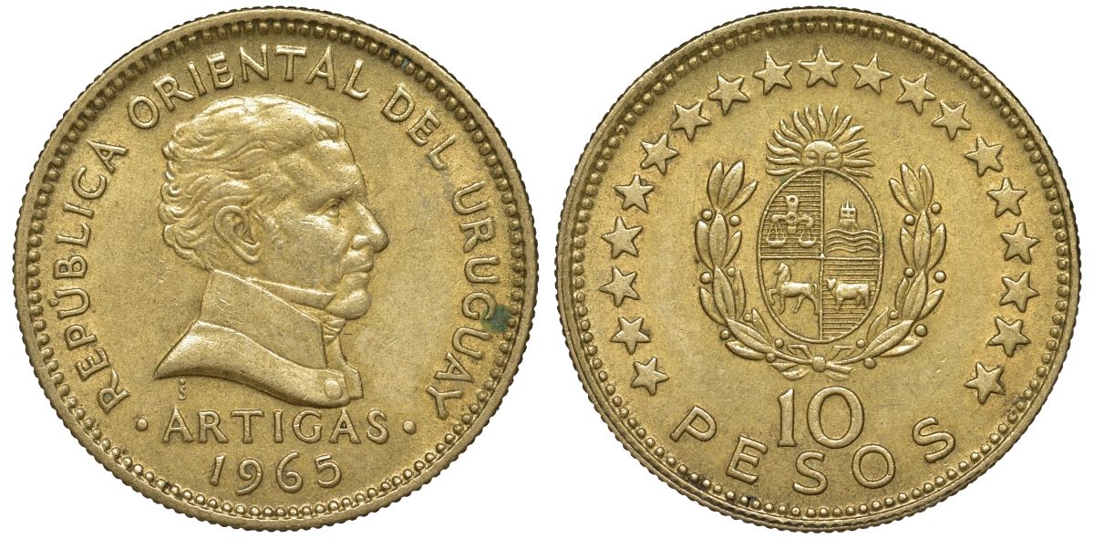 Уругвай 10 песо 1965 KM 48 алюминиевая бронза 4574-933