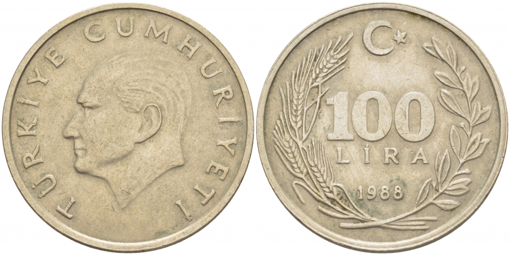 ТУРЦИЯ 100 ЛИР 1988 KM 967 медь никель цинк 4403-134