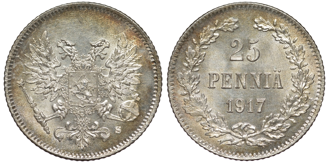 Россия для Финляндии 25 пенни 1917 S, временное правительство, без короны KM 19, Биткин 2 серебро 75-1445