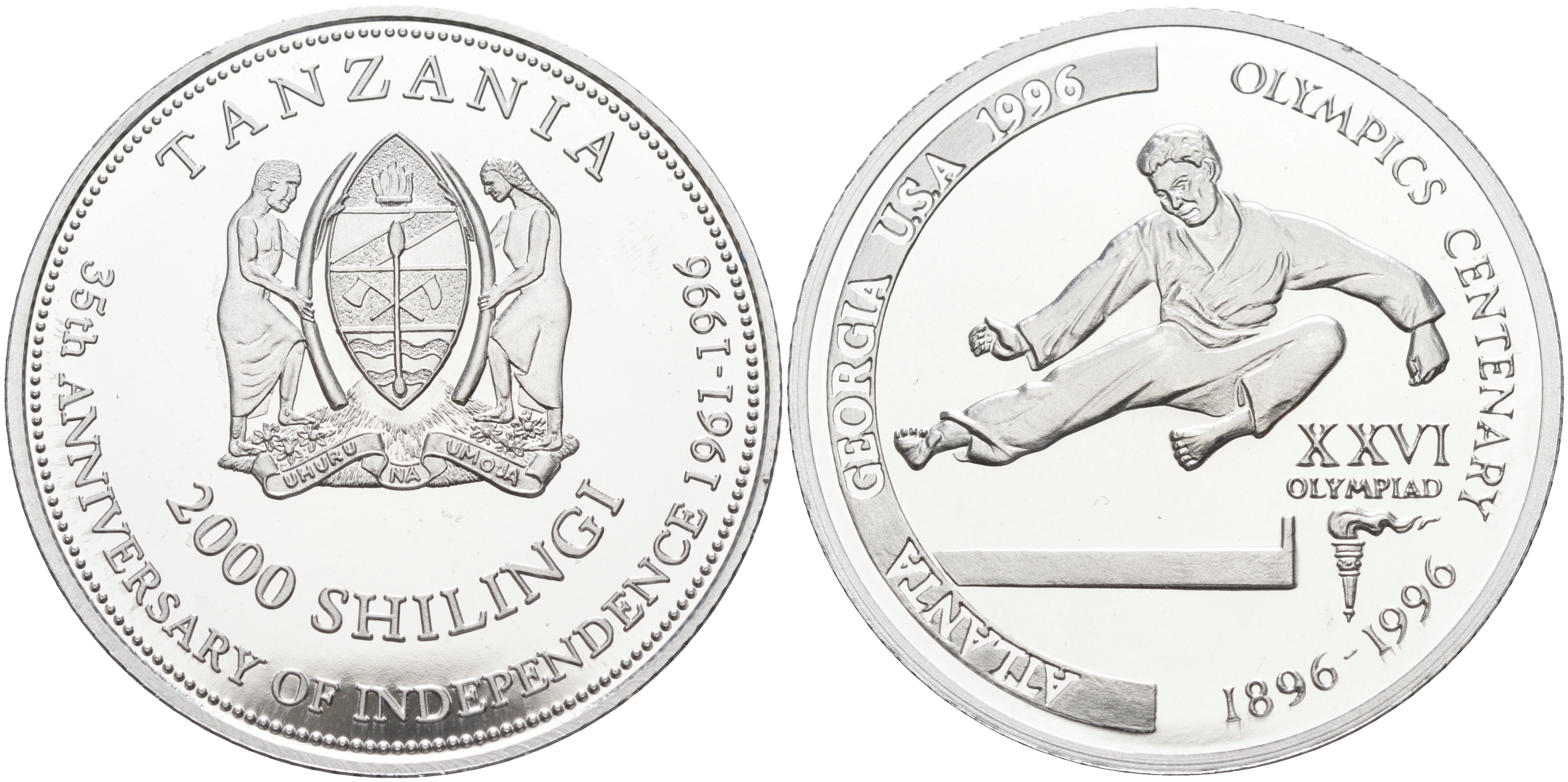 Танзания 2000 шиллингов 1996 XXVI Олимпийские игры 1996 года в Атланте, 100 лет Олимпийскому движению, карате, пробник, рубчатый гурт алюминий PROOF 06-158-11
