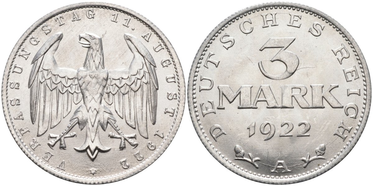 Германия 3 марки 1922 A, третья годовщина Веймарской Конституции KM 29, J.303 алюминий UNC 4587-144