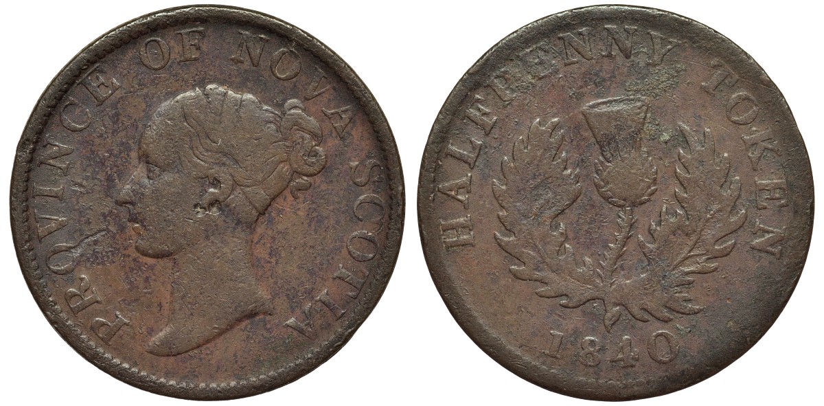 КАНАДА 1/2 ПЕННИ 1840 NOVA SCOTIA, ВИКТОРИЯ, ЧЕРТОПОЛОХ, ТОКЕН, LARGE 0 KM 3 медь 4557-842