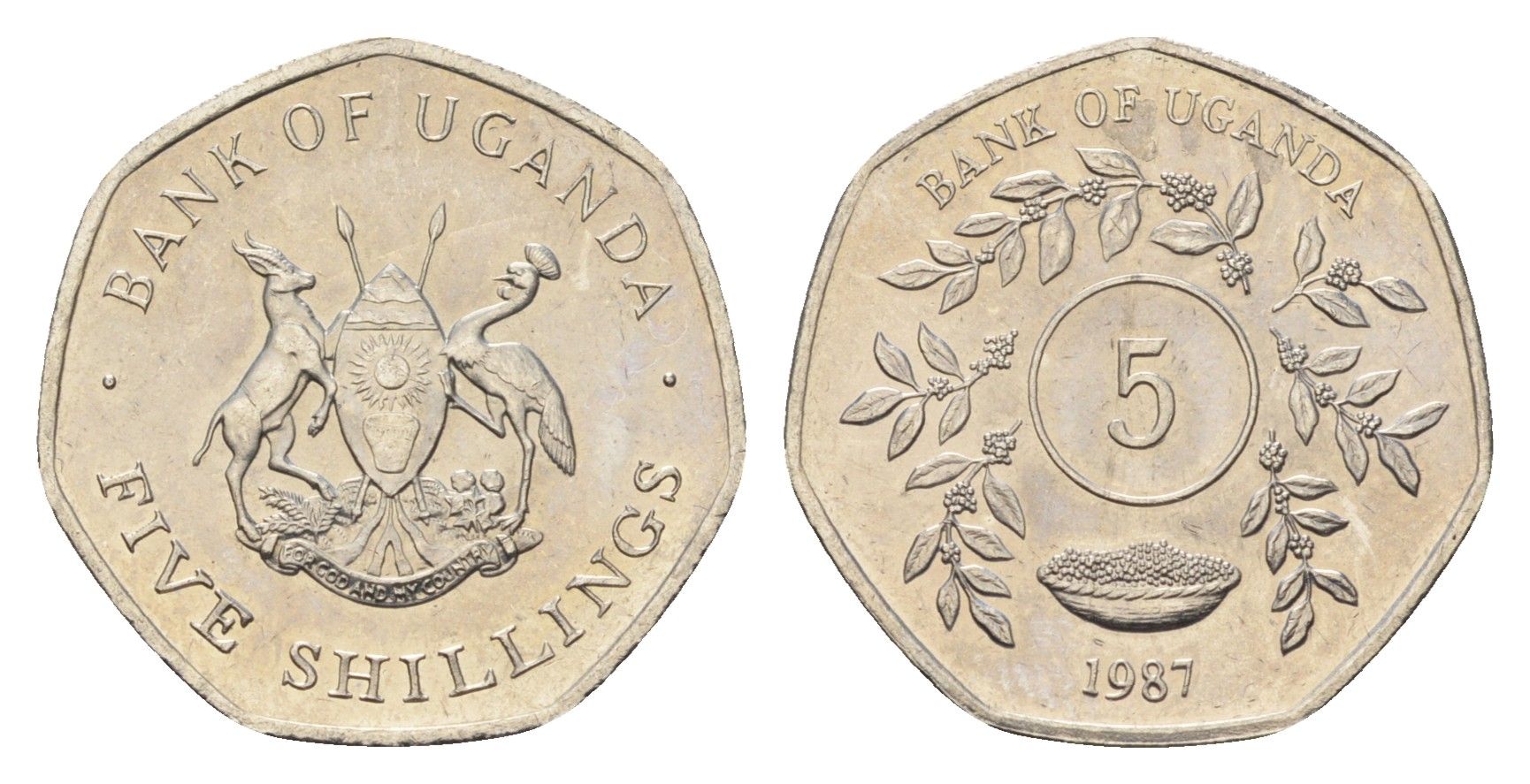 Уганда 5 шиллингов 1987 год-тип KM 29 сталь плакированная никелем UNC 4665-228