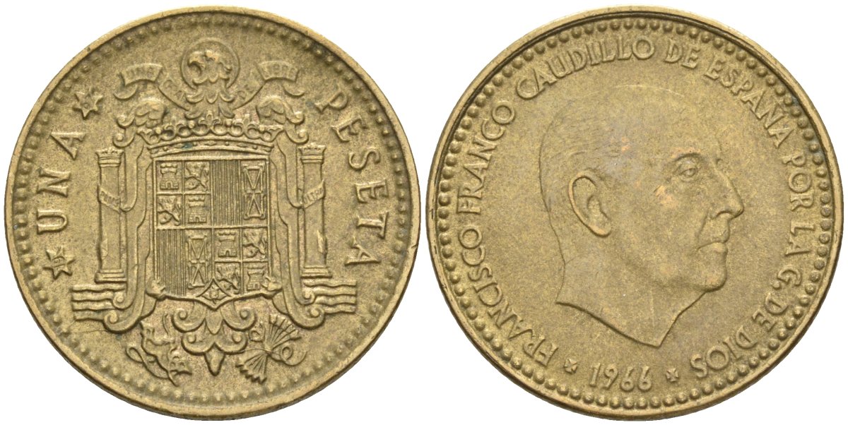 Испания 1 песета 1966 (67) Франсиско Франко (1939-1975) KM 796 алюминиевая бронза 4604-344