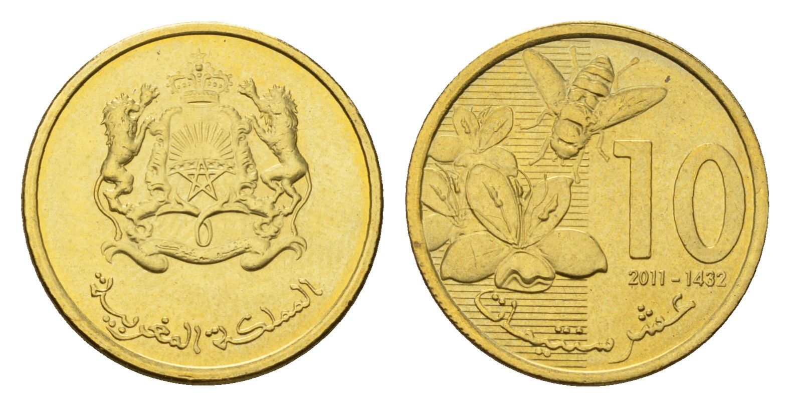 Марокко 10 сантимов 2011 Y 136 сталь плакированная латунью UNC 4588-1247