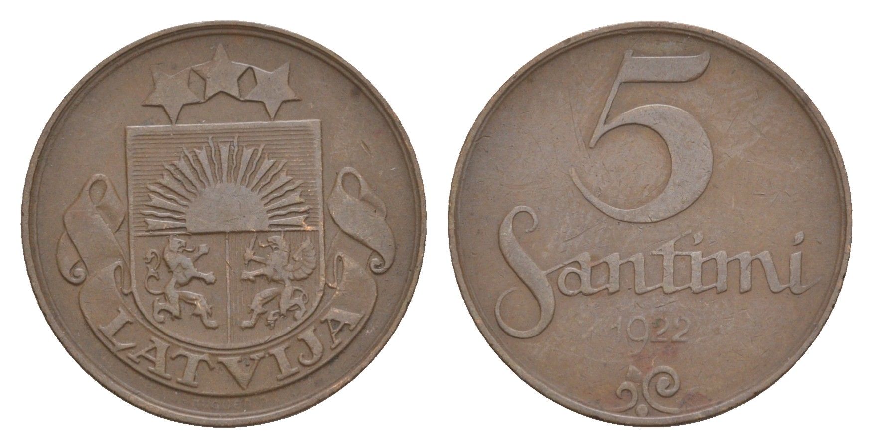 Латвия 5 сантимов 1922 KM 3 бронза 4658-1212