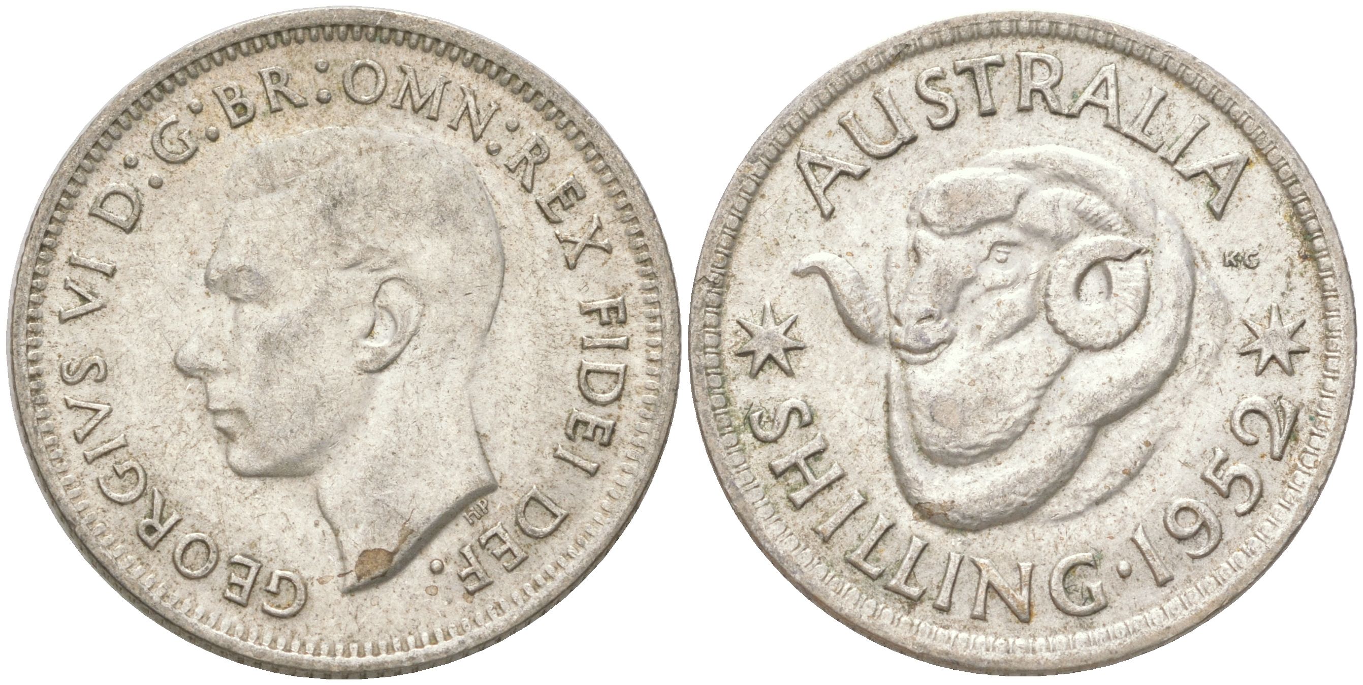 Австралия 1 шиллинг 1952 M, Георг VI (1936-1952), овца меринос KM 46 серебро 4622-142