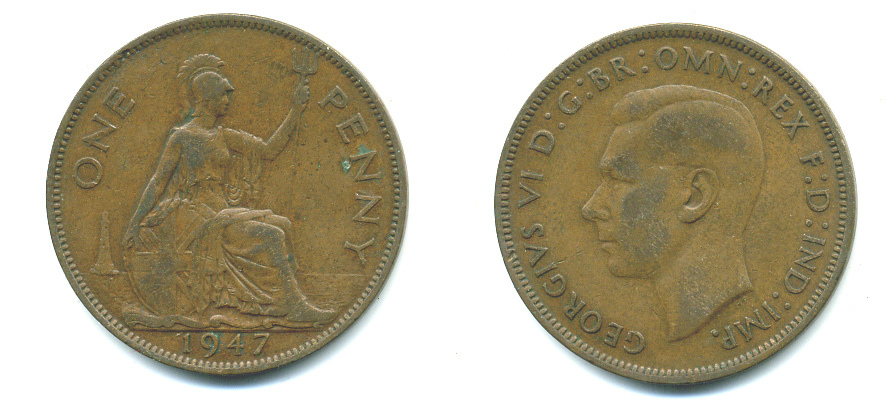 Великобритания 1 пенни 1947 Георг VI (1936-1952) KM 845, Spink 4114 бронза 4383-723