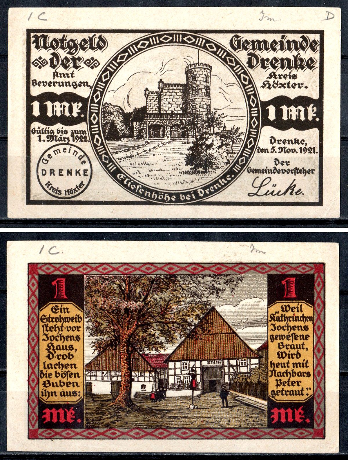 Дренке (Пруссия, Вестфалия) 1 марка 1921
 Mehl Grabowski 287.1 бумага UNC (пресс) 7555-55-3-1