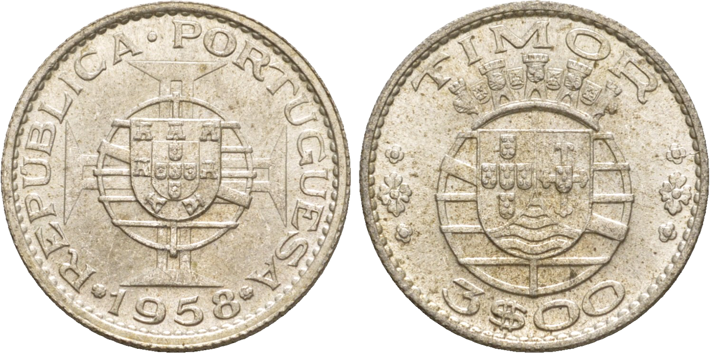 Португальский Тимор 3 эскудо 1958  KM 14 серебро  aUNC 4635-847