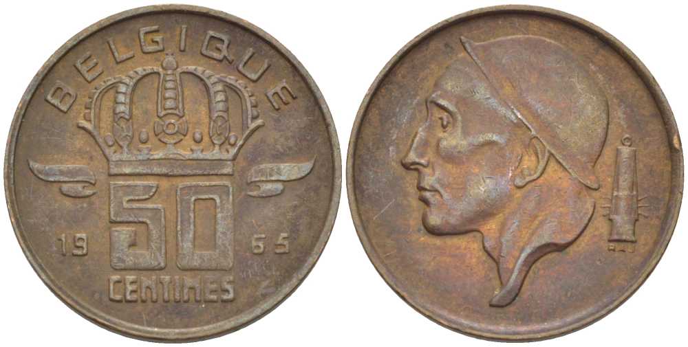 БЕЛЬГИЯ 50 САНТИМОВ 1965 BELGIQUE KM 148.1 бронза 96-1211