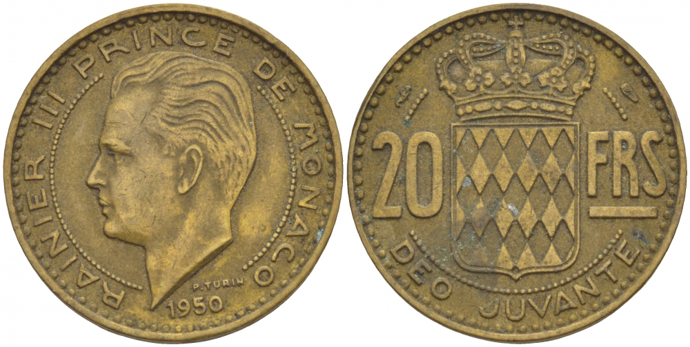 Монако 20 франков 1950 Ренье III (1949-2005) KM 131 алюминиевая бронза 4544-821
