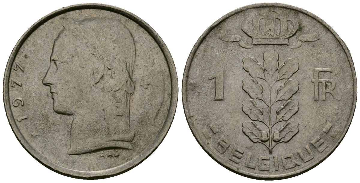 Бельгия 1 франк 1977 Belgique, Бодуэн I (1951-1993) KM 142.1 медно-никель 4138-234