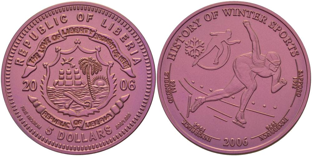 Либерия 5 долларов 2006 История зимних видов спорта, ниобий, розовая, конькобежный спорт, вес 15,55 гр., тираж 2006 экз.  ниобий  UNC  06-225-25