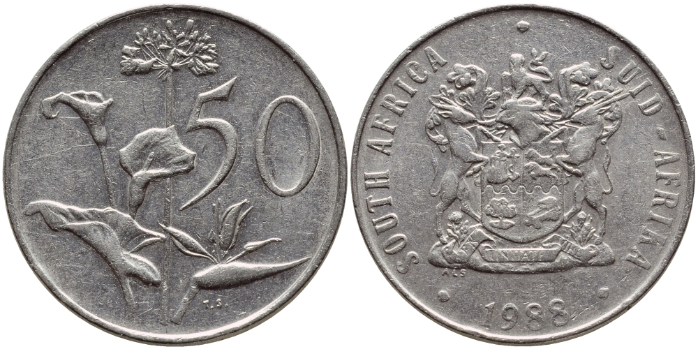 ЮАР 50 центов 1988 Зантедеския Эллиота (калла), герб KM 87 никель 4394-1241