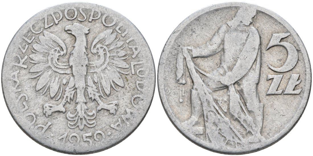 Польша 5 злотых 1959 MW, рыбак KM 47 алюминий 4572-714