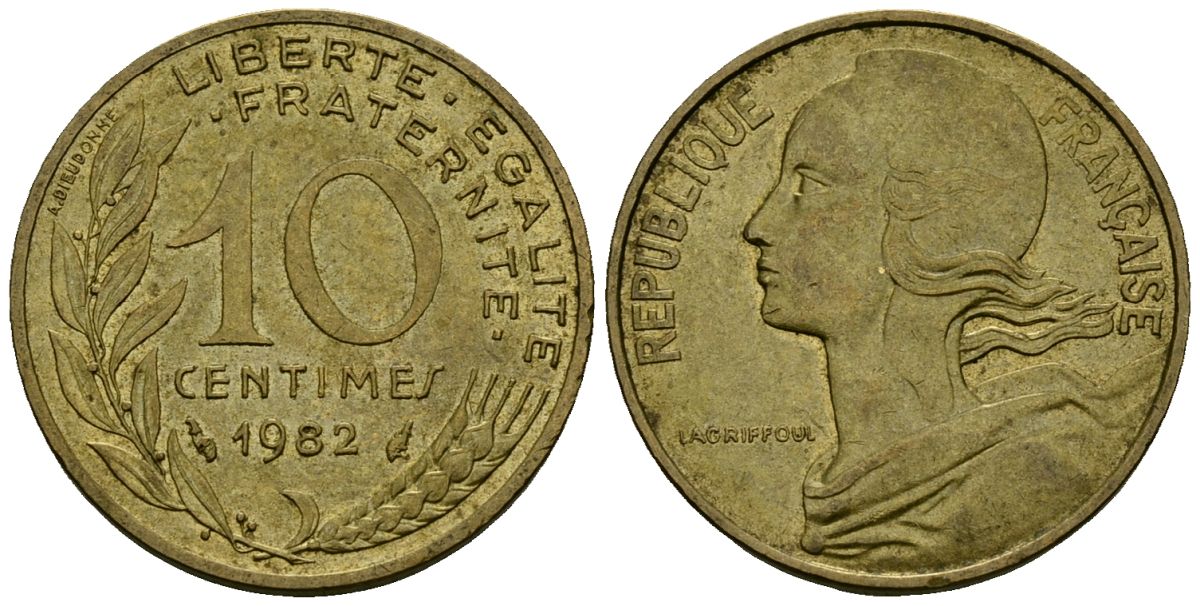 Франция 10 сантимов 1982 тип Marianne KM 929 алюминиевая бронза 4136-421