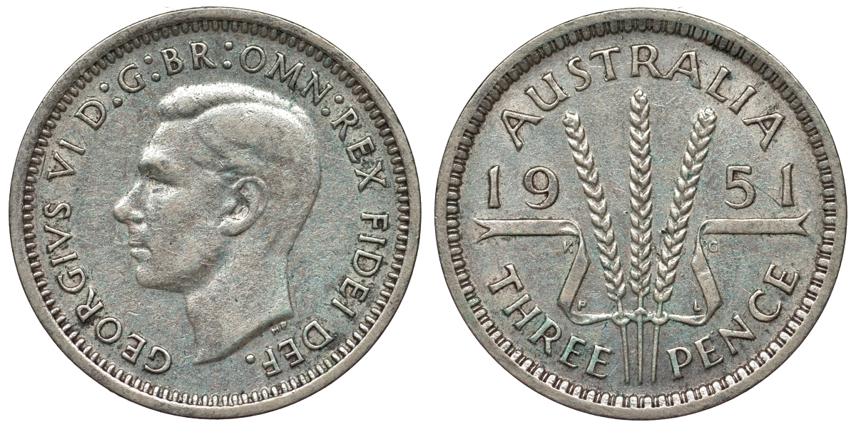 Австралия 3 пенса 1951 m, Георг VI (1937-1952), без букв KM 44 серебро 71-267