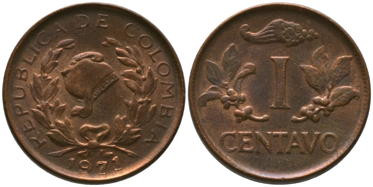 Колумбия 1 сентаво 1971 KM 205a, Schon 25a, Hernandez 336, Restrepo 352 сталь плакированная бронзой 4576-1169